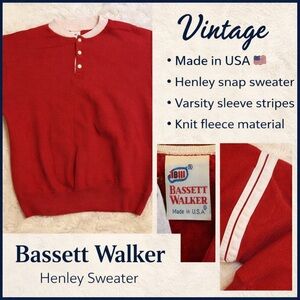 Vintage Bassett Walker USA Blank 3 Snap up Red Henley Sweater Varsity Stripe 80s